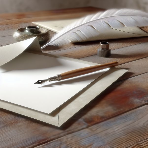 Elegant Stilleven met Briefpapier en Veerpen Een elegant stilleven van een zorgvuldig gevouwen briefpapier en een veerpen op een vintage houten tafel.
