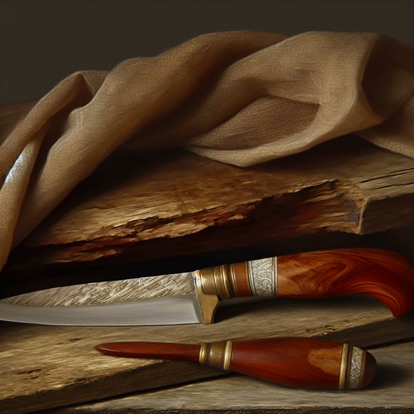 Elegant still life van een handgemaakt mes met een houten heft op een houten tafel.