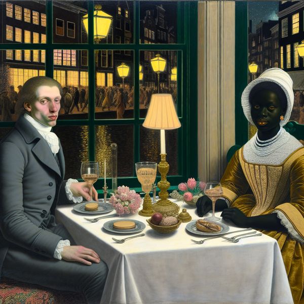 Elegante avond uit in een sfeervol restaurant Een elegant gekleed paar geniet van een intiem diner in een sfeervol restaurant met kaarslicht.