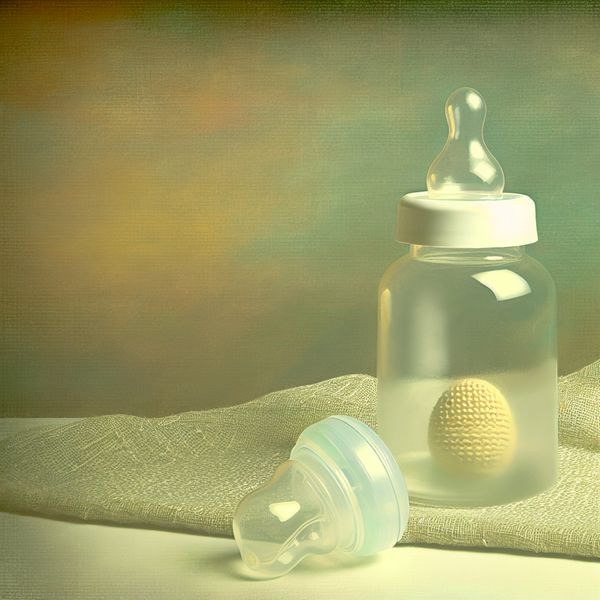 Een elegant geordend stilleven met een babyfles in het midden, duidelijk zichtbaar met de rubberen tepel.