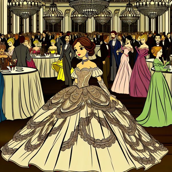 Elegante baljurk en gala sfeer in een cartoonachtige ballroom Een kleurrijke cartoonachtige weergave van een grand ballroom vol elegant geklede gasten en een opvallend personage in een indrukwekkende baljurk met lange sleep.