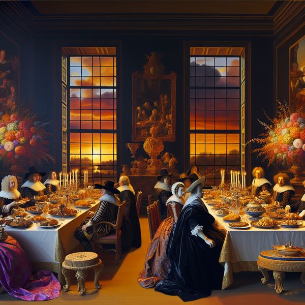 Elegante Bankettafel in Opulente Kamer voor Formele Eetgelegenheid Een elegant gedekte bankettafel in een opulente kamer met feestelijke decoratie en een dramatische zonsondergang op de achtergrond.