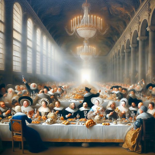 Elegante banketzaal voor feestelijke gelegenheden Elegante banketzaal met gasten die toosten op een bruidspaar, rijkelijk gedekte tafel met gourmetgerechten en kristallen glazen