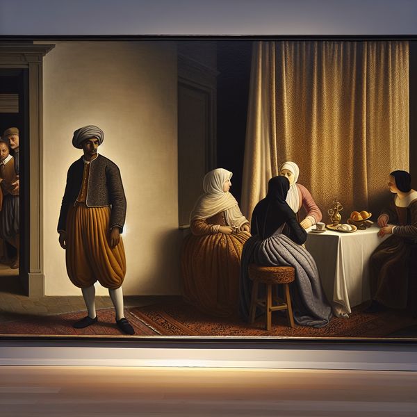 Elegante bijeenkomst met jonge man die te laat arriveert Een jonge man staat in de deuropening van een elegant interieur, kijkt verontschuldigend naar een groep mensen die met elkaar praten.