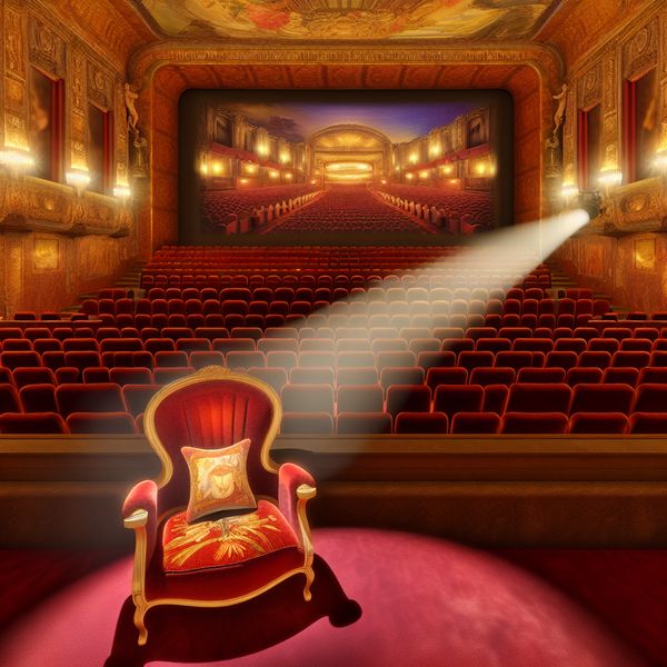Een hyper-realistisch interieur van een lege, elegante bioscoop met luxueuze, rode fluwelen stoelen en een enkele opvallende stoel onder een dramatische spotlight.