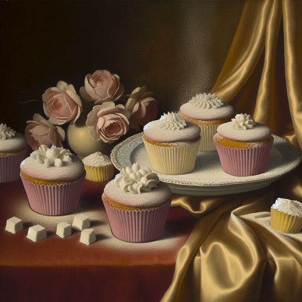 Cupcakes Versierd met Poedersuiker en Bloemen Elegante cupcakes in pastelkleuren met poedersuiker op een mooi gedekte tafel