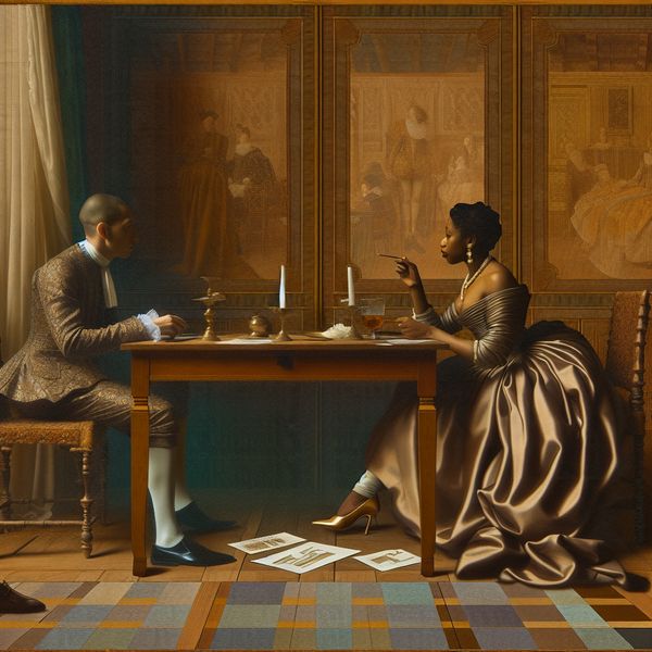 Diepe discussie in een elegante setting Twee goed geklede mensen in een elegante ruimte diep in gesprek over een project, omringd door gedetailleerd meubilair en zachte kleuren.