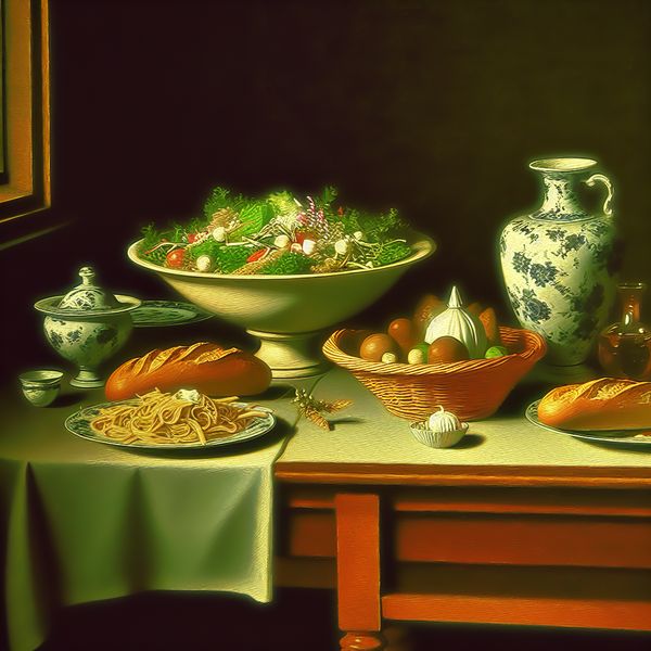 Elegante eettafel met pasta en salade in serene sfeer Afbeelding van een mooi gedekte eettafel met een elegante salade, pasta en versgebakken brood, met zachte verlichting