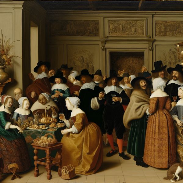 Elegante 17e-eeuwse feestscène met gasten Een elegante feestscène met gasten die gezellig mingelen, gekleed in 17e-eeuwse stijlen en genietend van een atmosfeer vol luxe.