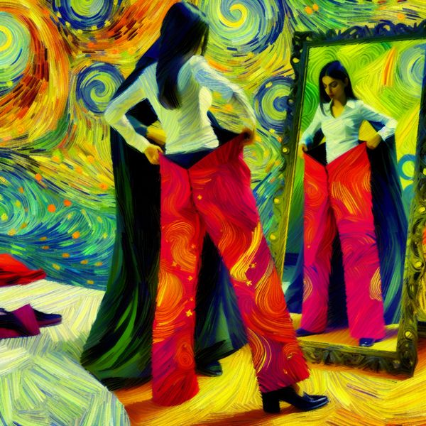 Elegante formele broek voor speciale gelegenheden Een vrouw staat voor een spiegel terwijl ze een elegante, feestelijke broek aanpast voor een speciale gelegenheid.
