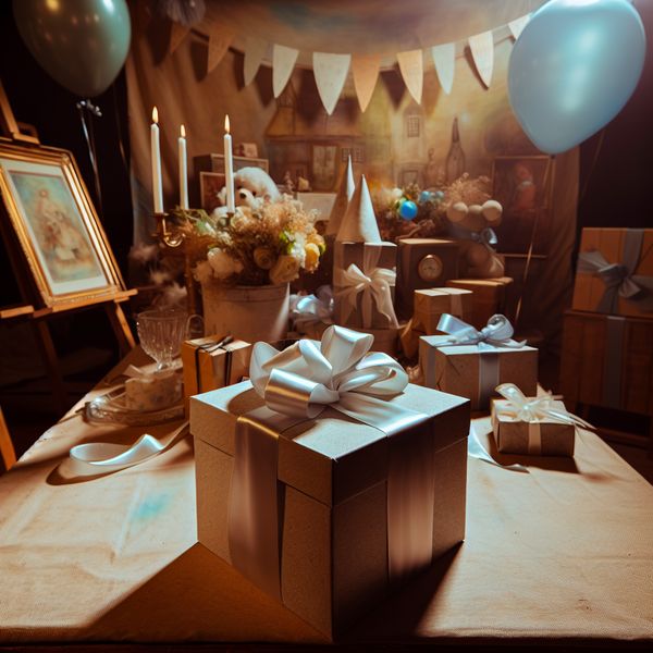 Elegante Geschenken voor een Verjaardagsfeest Een elegant cadeau op een tafel, omringd door prachtig ingepakte geschenken en feestelijke decoraties.