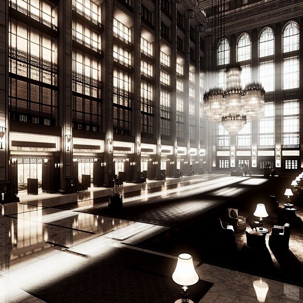 Elegante hotel foyer met hoge ramen, zachte verlichting en een luxe uitstraling.