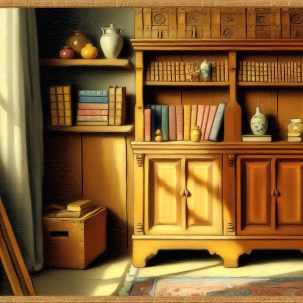 Elegante houten kast voor boeken en decoratie in woonkamer Een elegant houten kastje met boeken en decoratieve items in een gezellige woonkamer.