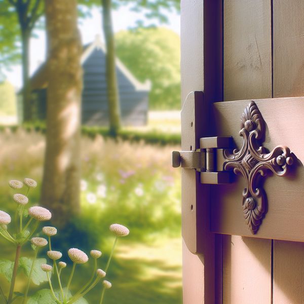 Elegante houten schuur met ornamentale beugel Een elegante houten schuur met een gedetailleerde, ornate beugel die de deur beveiligt, omringd door zachte schaduwen van bomen en wilde bloemen.