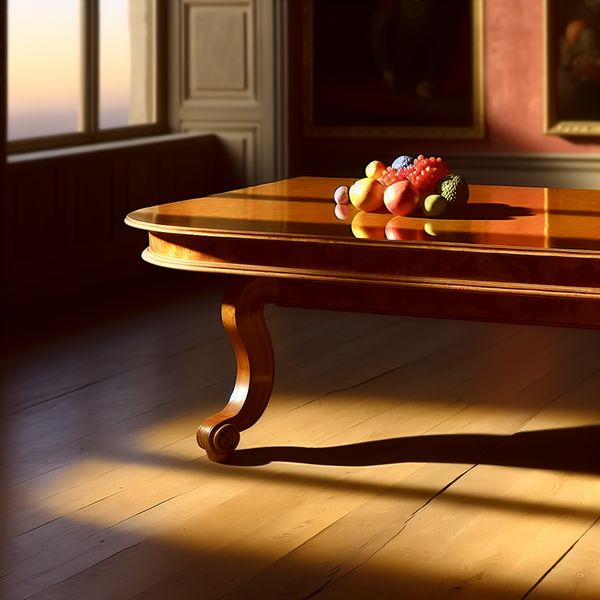 Elegante houten tafel met fruitschikking in zonlicht Elegante houten tafel met een kleurrijke fruitschikking op een zonnige achtergrond.