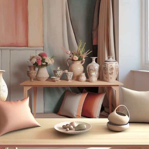 Elegante Huishoudaccessoires voor een Frisse Interieurstijl Een mooi georganiseerde weergave van frisse, onlangs ontworpen huisaccessoires in een elegante kamer.