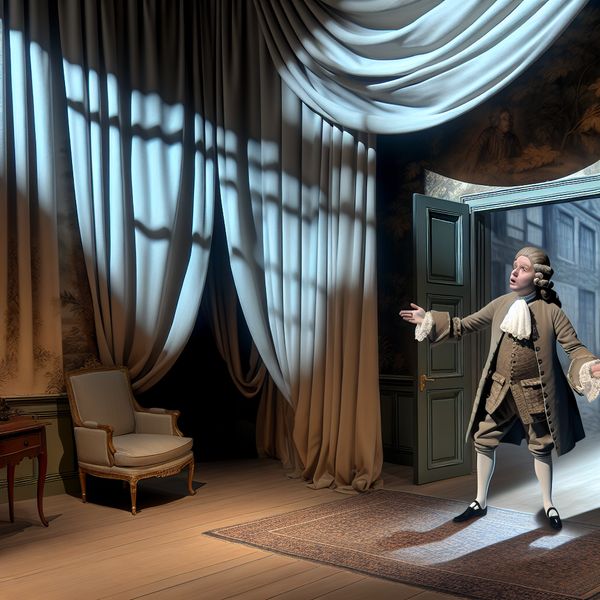 Elegante interieur scène met onmiddellijke actie Een goed geklede man met een urgente gebaart naar een open deur in een elegante kamer.
