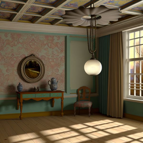 Elegante interieurdecoratie geïnspireerd op Johannes Vermeer Elegante interieur ruimte geïnspireerd op Johannes Vermeer met een bemoedigende bommel aan het plafond