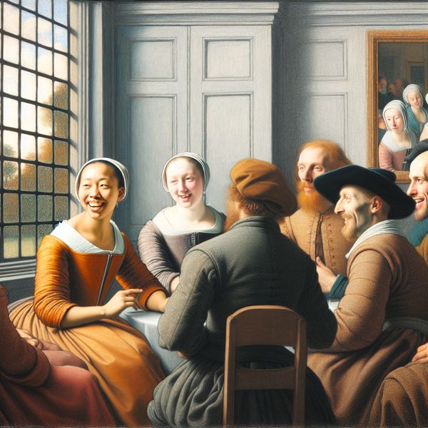 Elegante Interieursetting met Tevreden Mensen Een elegante interieursetting met een groep tevreden mensen die glimlachen en een discussie voeren