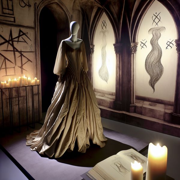 Een elegant gevormde jurk op een mannequin in een sfeervolle, zwak verlichte kamer, omringd door gotische elementen.