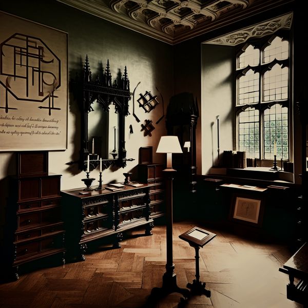 Elegant ingerichte kamer met georganiseerde uitstraling Een elegant ingerichte kamer met donker houten meubels, verlicht door een raam met zacht licht, inclusief een gotische spiegel en symbolische kunst.