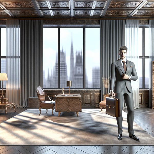 Elegante kantooromgeving met man in pak Een man in een elegant pak staat voor een groot raam in een kantoor, met uitzicht op de skyline van de stad.