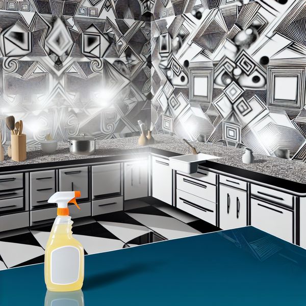 Elegante Keuken met Schoonmaakproduct en Escher-inspiratie Een moderne keuken met een glanzend aanrechtblad, verschillende geometrische vormen, en een schoonmaakproduct erop, geïnspireerd door de stijl van M.C. Escher.
