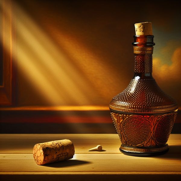 Elegante kurk en fles compositie voor taalvaardigheid Een nog leven compositie met een kurk en een elegant ontworpen fles op een houten tafel, met een kleurrijke vloeistof en een gedeeltelijk vervaagd landschap op de achtergrond.