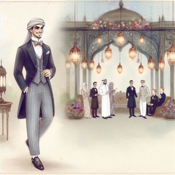 Elegante man in pak op huwelijkslocatie Illustratie van een goed geklede man in een donkerblauw pak, die met een glimlach naar een versierde huwelijkslocatie loopt.