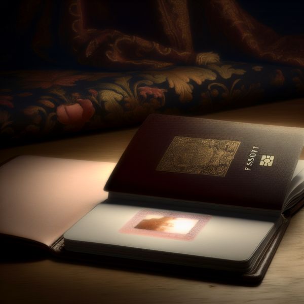 Elegante afbeelding van een paspoort met visumstempel Een elegant, open paspoort met een delicate visumstempel op een houten tafel