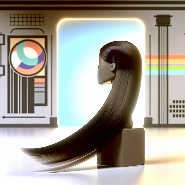 Elegante persoon met sluik haar in retro-futuristische setting Een elegante persoon met lang, sluik haar dat vrij over de schouders valt in een retro-futuristische setting.