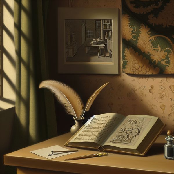 Open boek met illustraties op een houten bureau met een vulpen en inktpot in een studieruimte