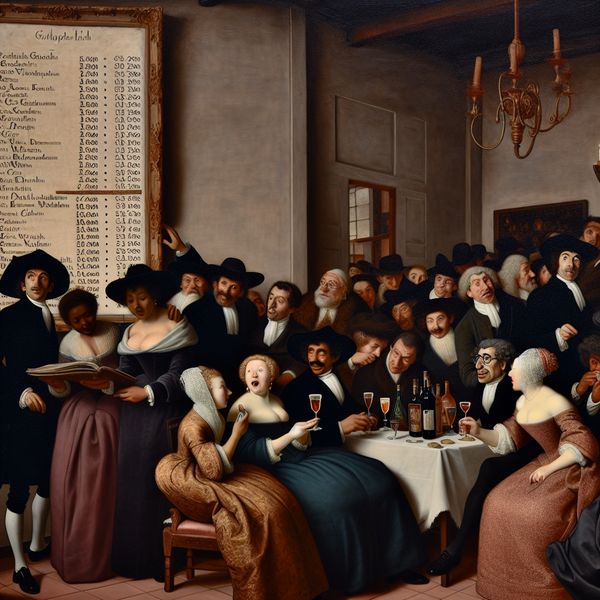 Elegante taverne met verhoogde accijnzen op dranken Interieur van een gezellige taverne met goed geklede gasten die een menu met hoge prijzen voor alcoholische dranken bekijken.