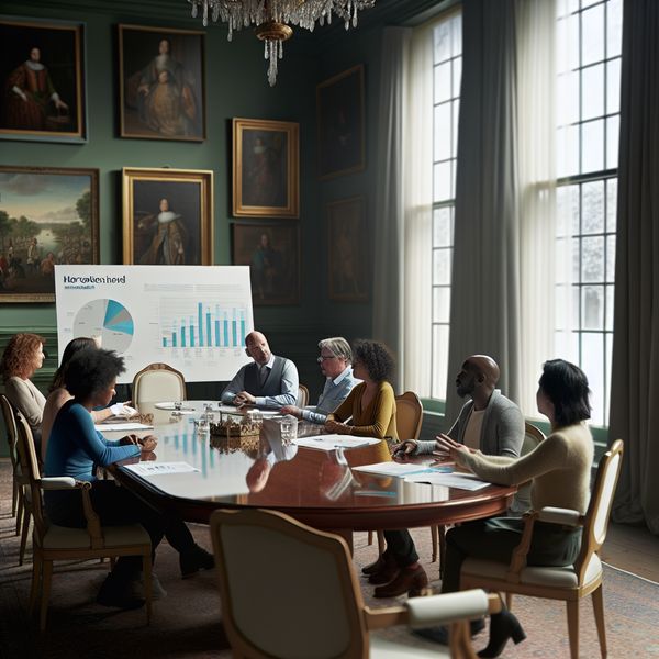 Vergadering over milieubeleid door diverse belanghebbenden Een elegante vergaderruimte met diverse belanghebbenden die rond een houten tafel discussiëren over milieubeleid.
