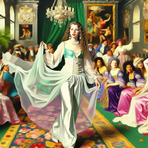 Elegante jonge vrouw in Barokke feestomgeving Een jongedame arriveert op een elegante feestelijke bijeenkomst, gekleed in een stijlvol en fris outfit, te midden van een levendige Barokke setting.