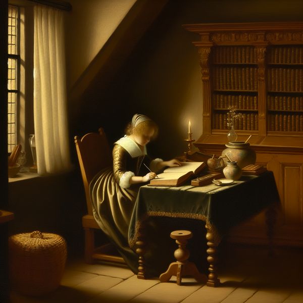 Elegante vrouw schrijft in een notitieboek aan een houten bureau in een gezellige ruimte.