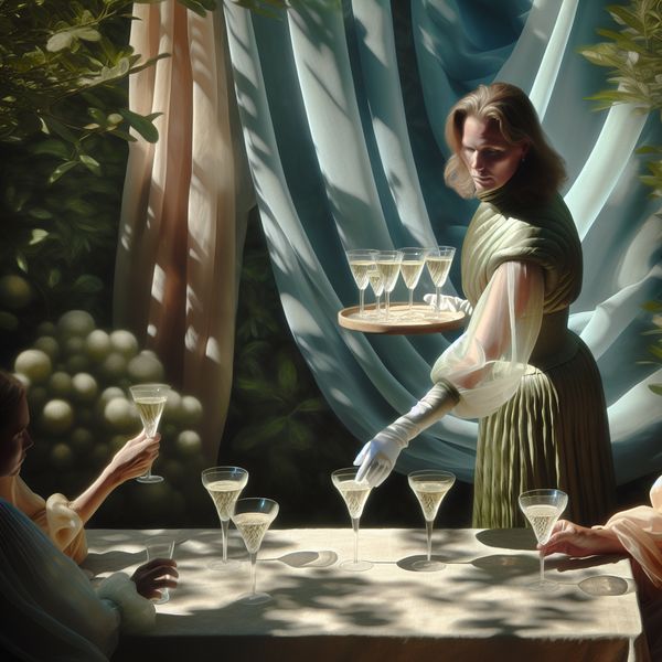 Elegante Vrouw Serveert Champagne op Tuinfeest Een vrouw serveert elegant glazen champagne op een serene tuinfeest, met zachte kleuren en een luchtige sfeer.