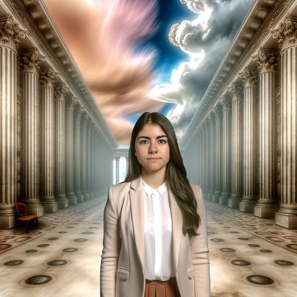 Portretfoto van een jonge vrouw in een elegante jurk, staande tegen een surrealistische architecturale achtergrond.