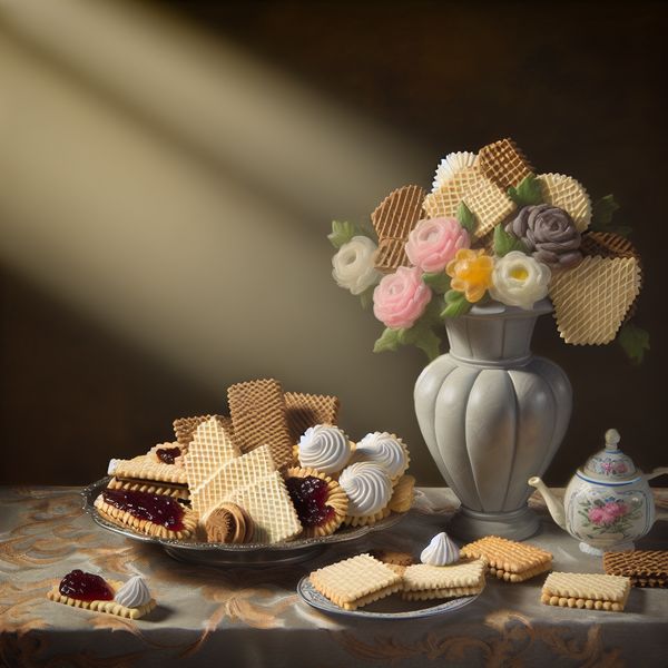 Elegante wafels en koekjes in een stillleven Een artistiek ingericht stillleven met wafels en koekjes op een prachtig gedekte tafel.