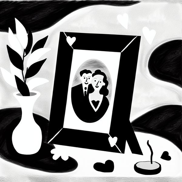 Elegante zwart-wit stilleven foto van een vintage stel Minimalistische zwart-wit afbeelding van een vintage foto van een stel in een zwart kader, omgeven door harten en sterren.