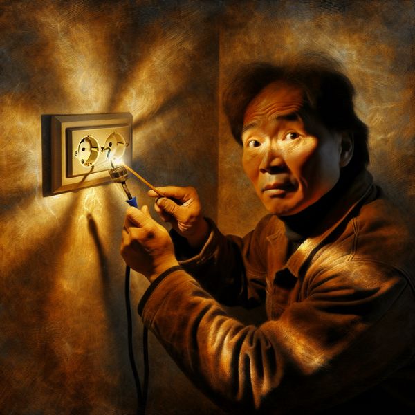 Elektricien aardt elektrische aansluiting voor veiligheid Een elektricien in een licht dimme ruimte die een elektrische aansluiting aardt met gereedschap.