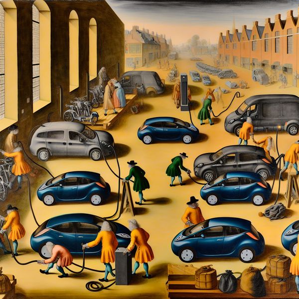 Dynamisch schilderij in de stijl van Frans Hals van een gemeentelijk depot met elektrische voertuigen en actieve medewerkers in een levendige omgeving