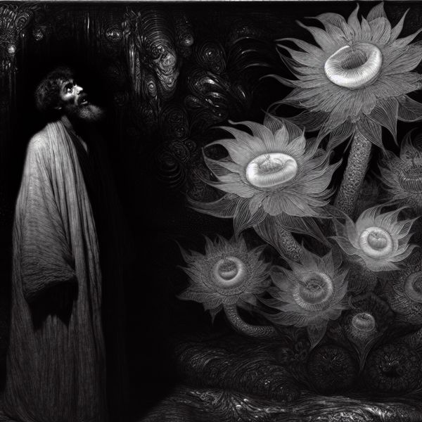 Surrealistische bloemen boeket verbazing emotie taal leren Nederlands Persoon in donkere setting kijkt vol verbazing en bewondering naar een surrealistisch boeket van gloeiende, buitengewone bloemen met een etherische uitstraling
