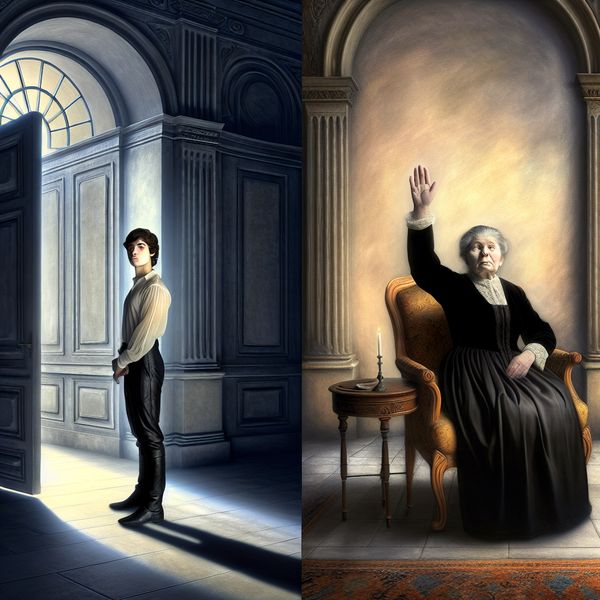 Hyperrealistisch surrealistisch tafereel van een emotioneel afscheid tussen een jongere en een oudere vrouw in een monumentale ruimte, met dramatische belichting en onuitgesproken woorden zoals 'gedag'