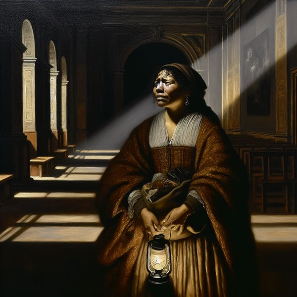 Emotioneel afscheid nemen: stoppen met school of werk in Rembrandt-stijl Vrouw met boeken en persoonlijke spullen verlaat een donkere schoolgang, haar gezicht verlicht door een straal licht, met een uitdrukking van vastberadenheid en verdriet