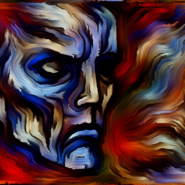 Emotioneel gekwetst abstract portret in stijl van Willem de Kooning Abstract portret van een emotioneel gekwetst persoon met expressieve penseelstreken in diepe kleuren, symboliserend pijn en afwijzing