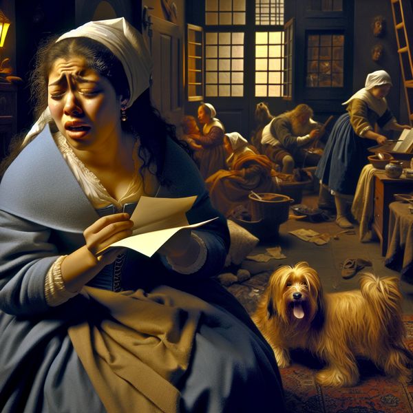 Emotioneel geraakt worden door een brief - 17e-eeuws tafereel in de stijl van Jan Steen Vrouw in 17e-eeuwse setting met tranen in haar ogen, geraakt door een brief of boek, omringd door alledaagse drukte