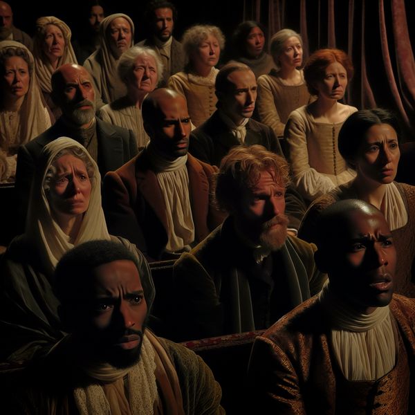 Een emotioneel aangrijpende scène in een theater met een diverse groep publiek die intens naar een film kijkt