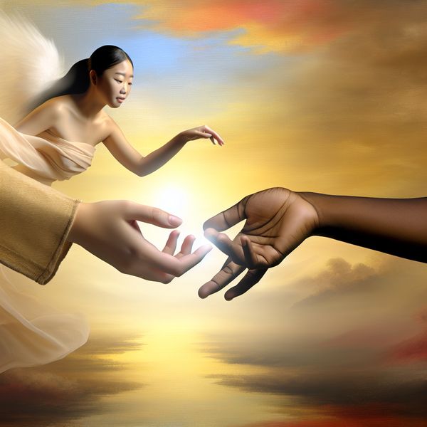 Emotionele aanraking en verbinding in een serene landschap Twee handen die elkaar raken, symboliserend comfort en emotionele verbinding in een prachtige zonsondergang.