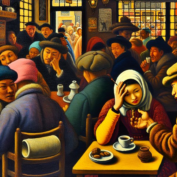 Emotionele confrontatie in café met plezier en spijt Een jonge vrouw in een café die zichtbaar van streek is tijdens een gesprek met een vriend over een ruzie, omringd door levendige gesprekken van andere gasten.